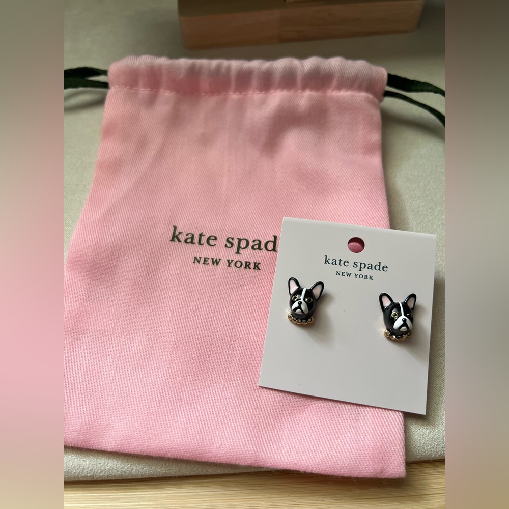 NWT KATE SPADE Black Frenchie Ma Chérie Antoine Dog Stud Earrings - Picture 2 of 8